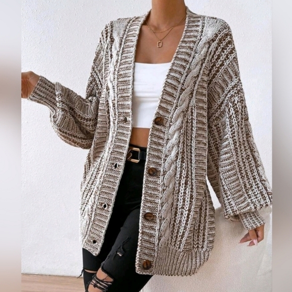 New Boho Chunky Cable Knit Cardigan Sweater Cream White Brown - Picture 2 of 9
